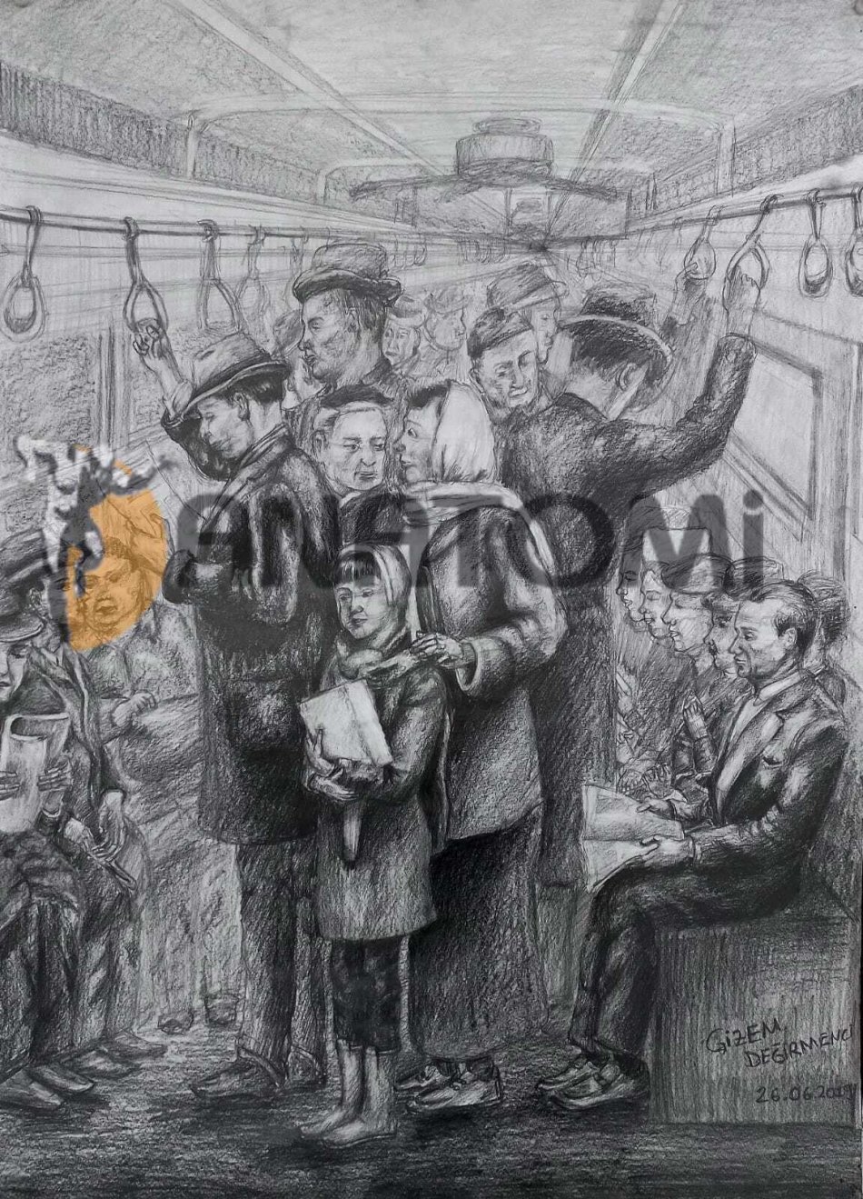 Toplu taşıma oturan ve ayakta seyahat eden yolcular